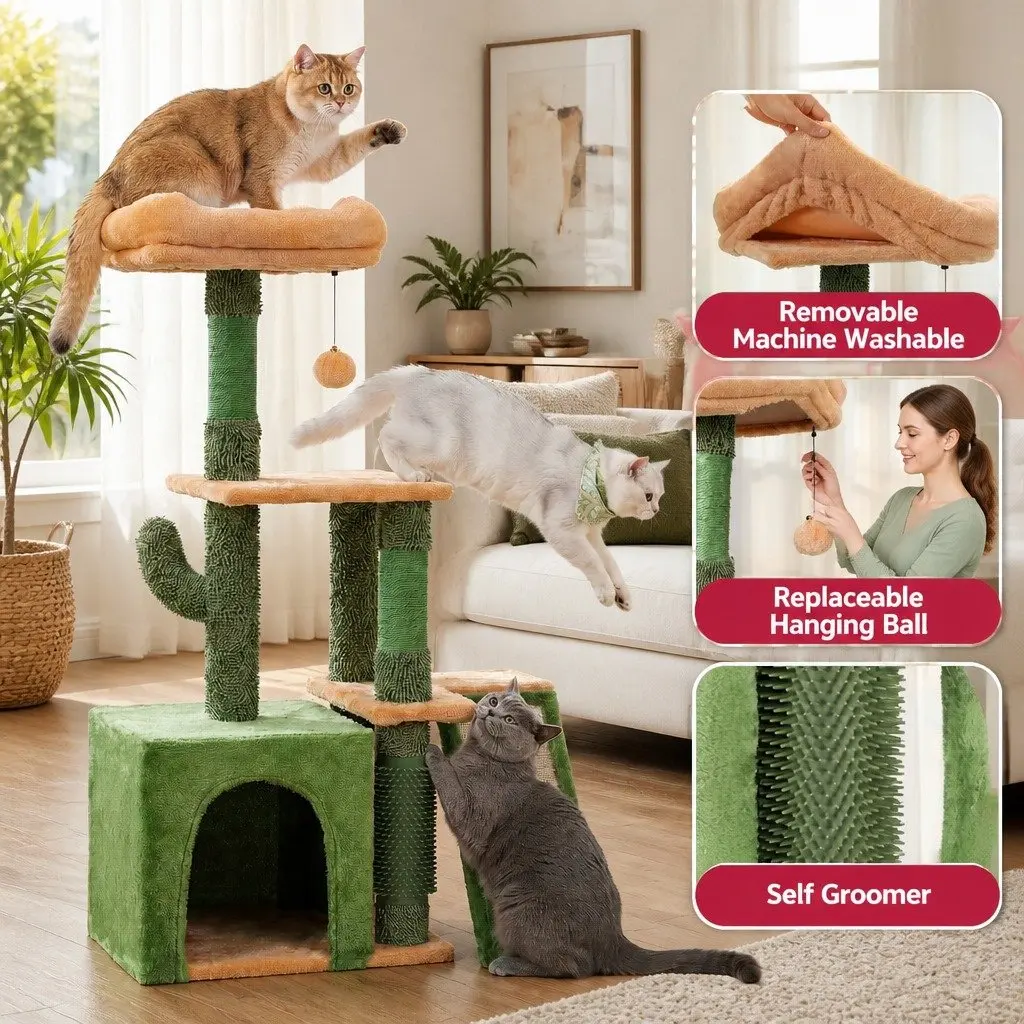 Cat Tree Tower 101cm Scratching Post Multi-Level Platform Furniture Green House