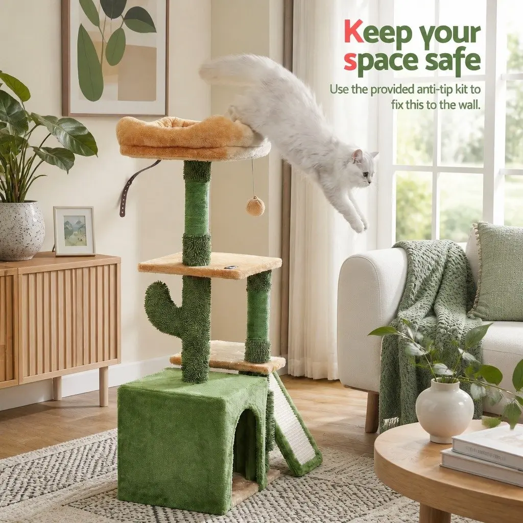 Cat Tree Tower 101cm Scratching Post Multi-Level Platform Furniture Green House