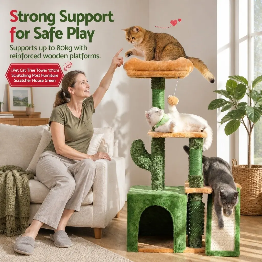 Cat Tree Tower 101cm Scratching Post Multi-Level Platform Furniture Green House