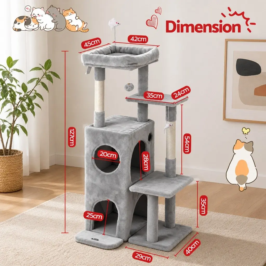 Cat Tree Tower Multi-Level 127cm Light Grey Plush Velvet Natural Sisal