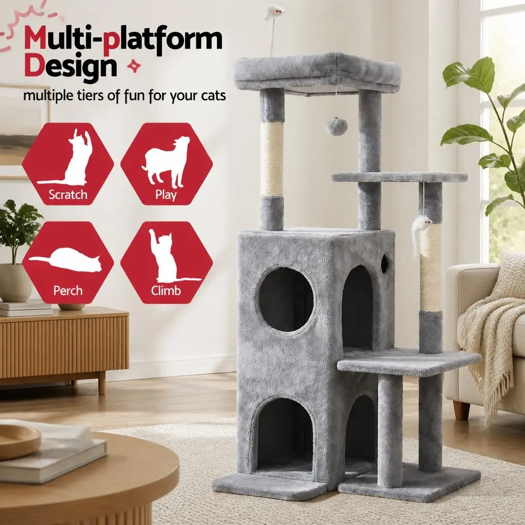 Cat Tree Tower Multi-Level 127cm Light Grey Plush Velvet Natural Sisal