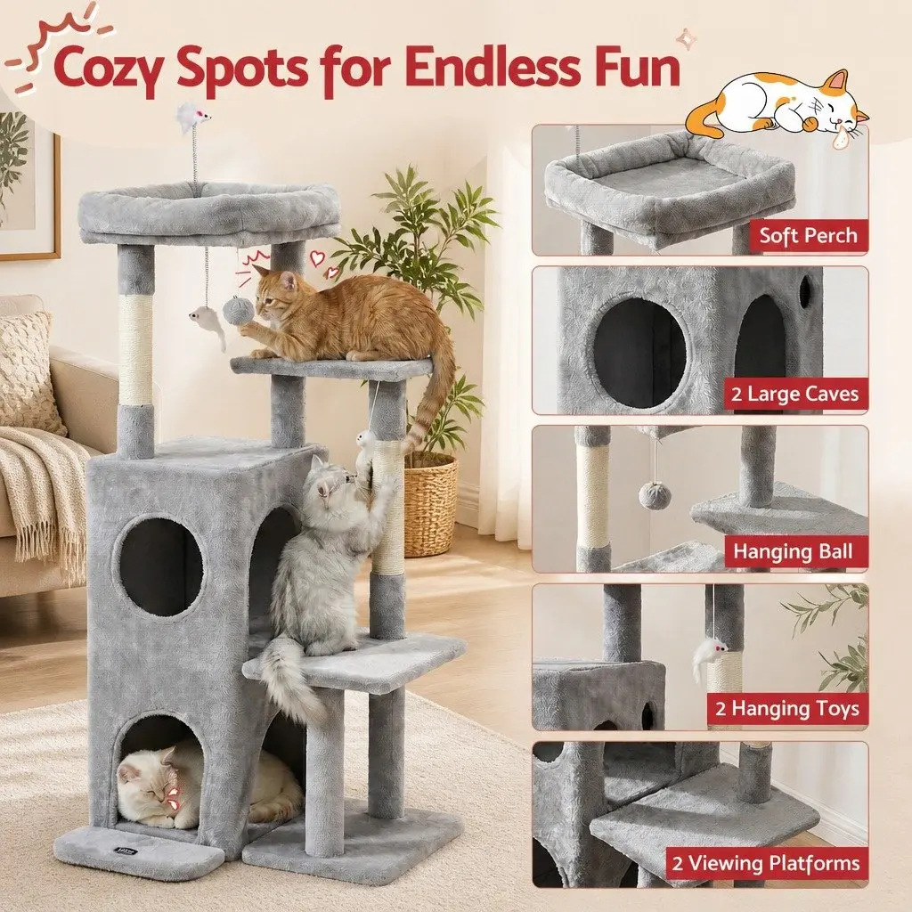 Cat Tree Tower Multi-Level 127cm Light Grey Plush Velvet Natural Sisal