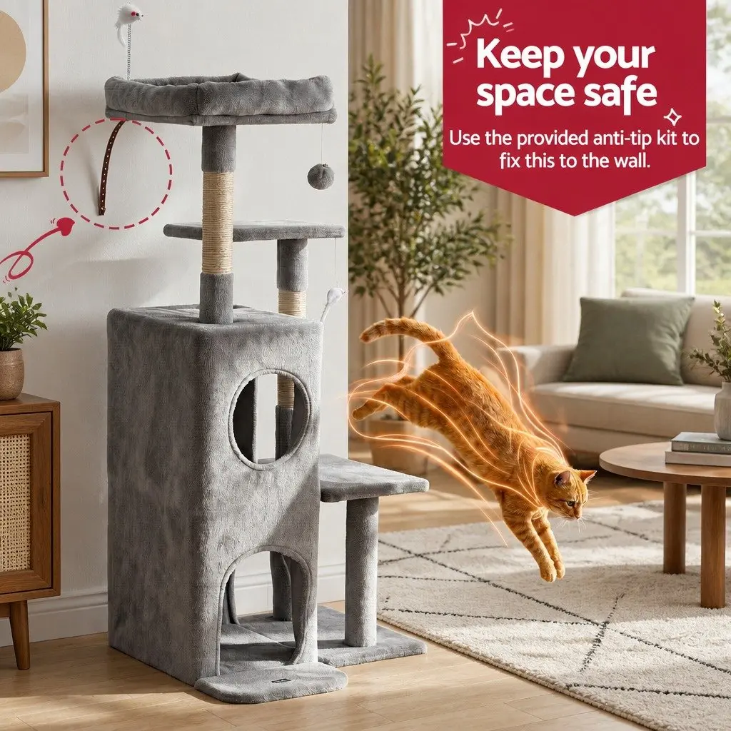Cat Tree Tower Multi-Level 127cm Light Grey Plush Velvet Natural Sisal