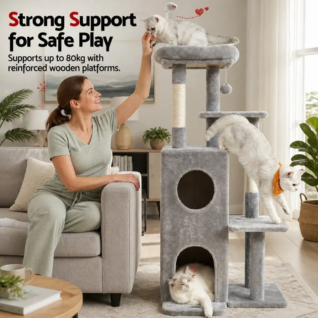 Cat Tree Tower Multi-Level 127cm Light Grey Plush Velvet Natural Sisal