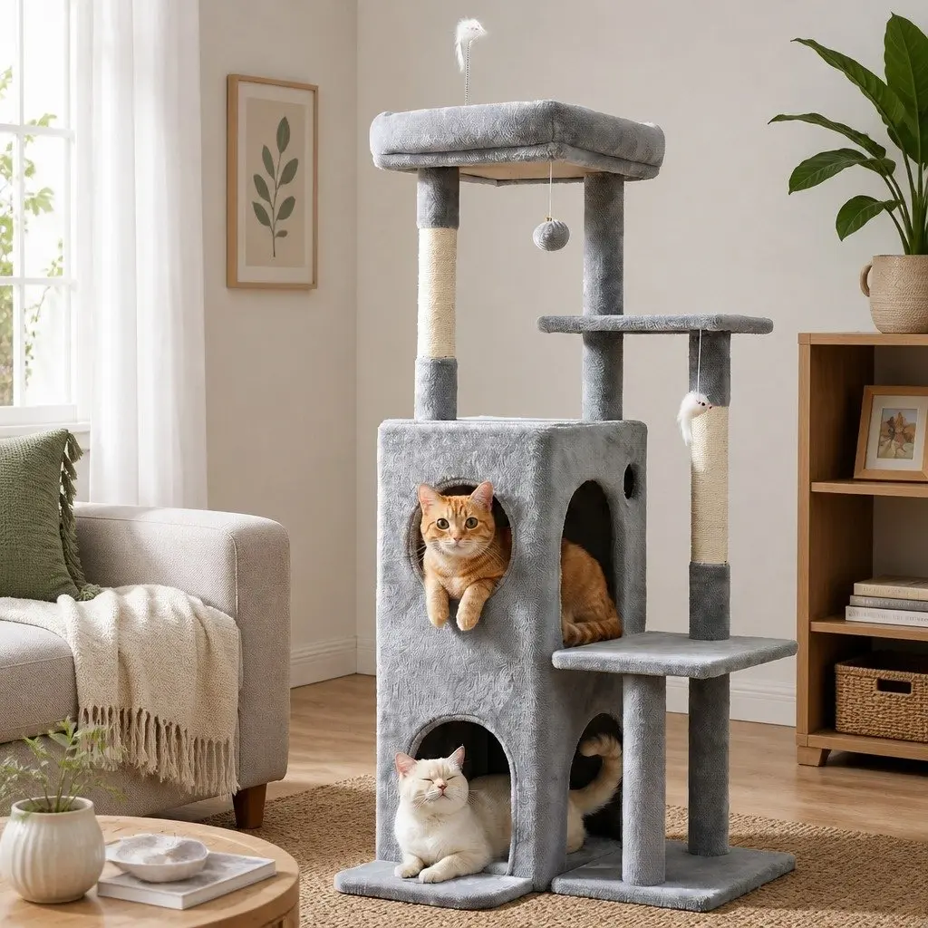 Cat Tree Tower Multi-Level 127cm Light Grey Plush Velvet Natural Sisal