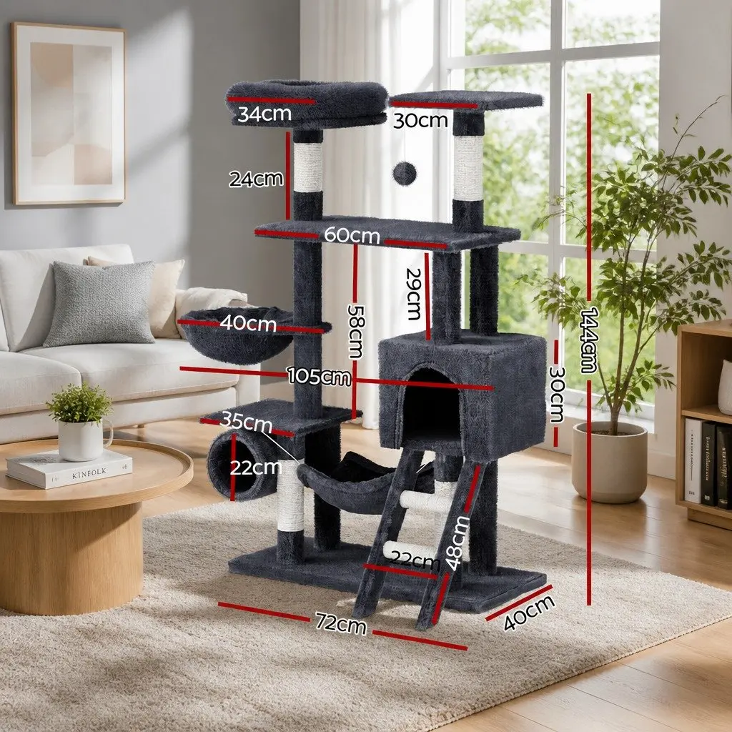 Cat Tree Tower 144cm Scratching Post Condo Bed House Multi-Level Grey Wood Toys