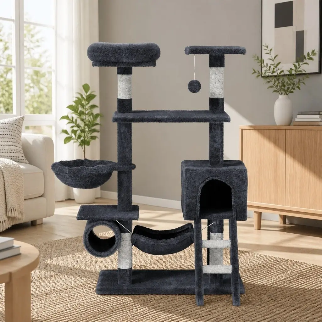 Cat Tree Tower 144cm Scratching Post Condo Bed House Multi-Level Grey Wood Toys