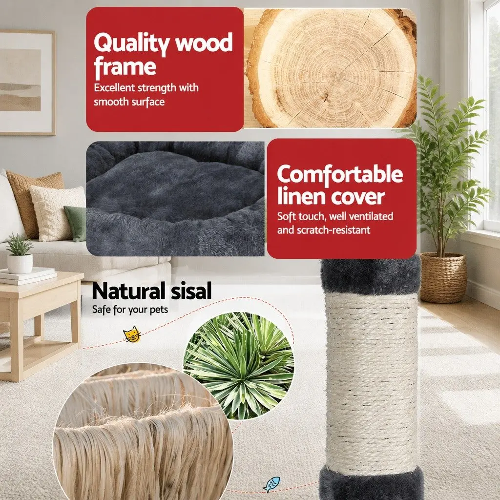 Cat Tree Tower 144cm Scratching Post Condo Bed House Multi-Level Grey Wood Toys