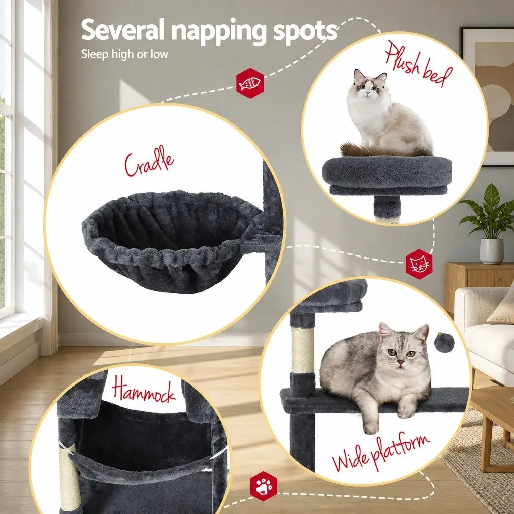 Cat Tree Tower 144cm Scratching Post Condo Bed House Multi-Level Grey Wood Toys