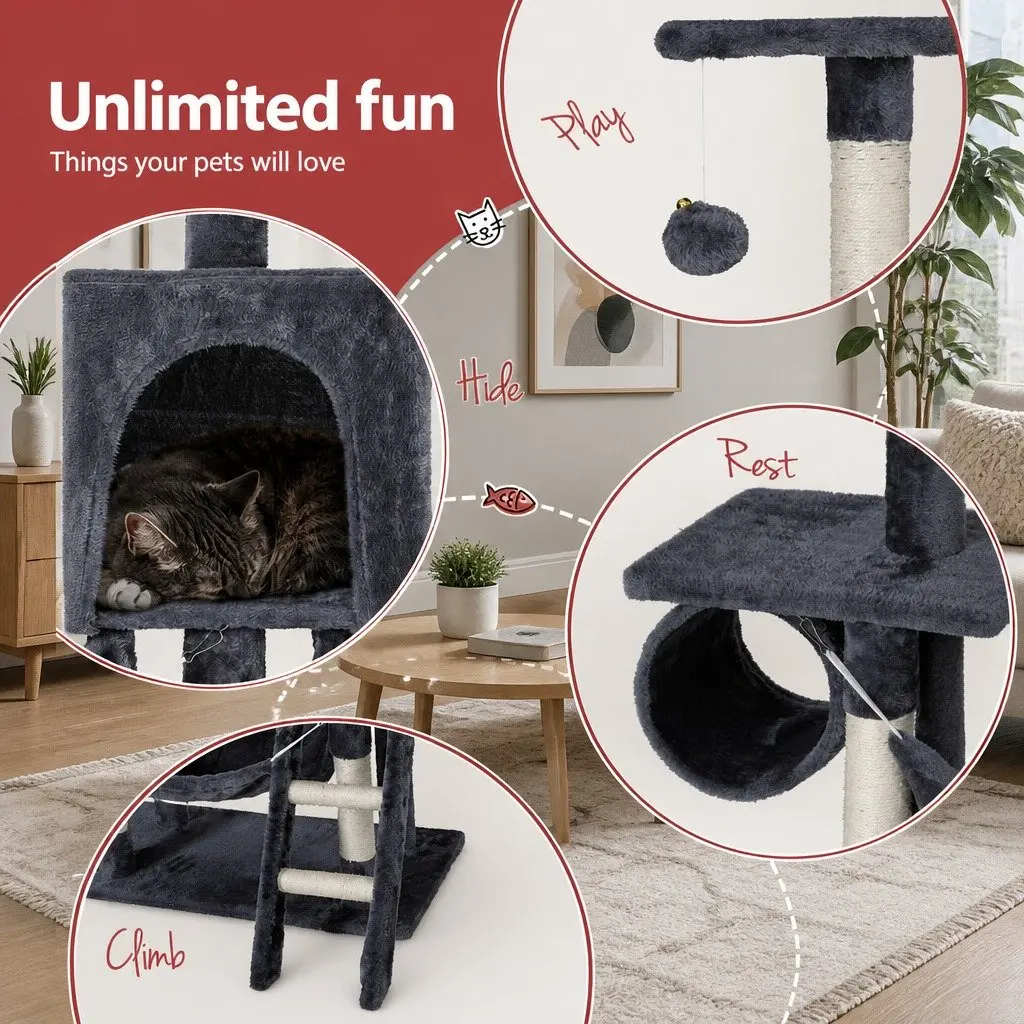 Cat Tree Tower 144cm Scratching Post Condo Bed House Multi-Level Grey Wood Toys