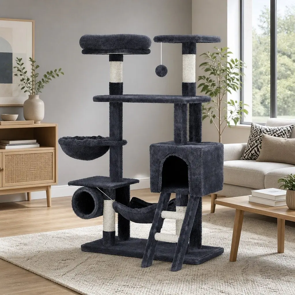 Cat Tree Tower 144cm Scratching Post Condo Bed House Multi-Level Grey Wood Toys