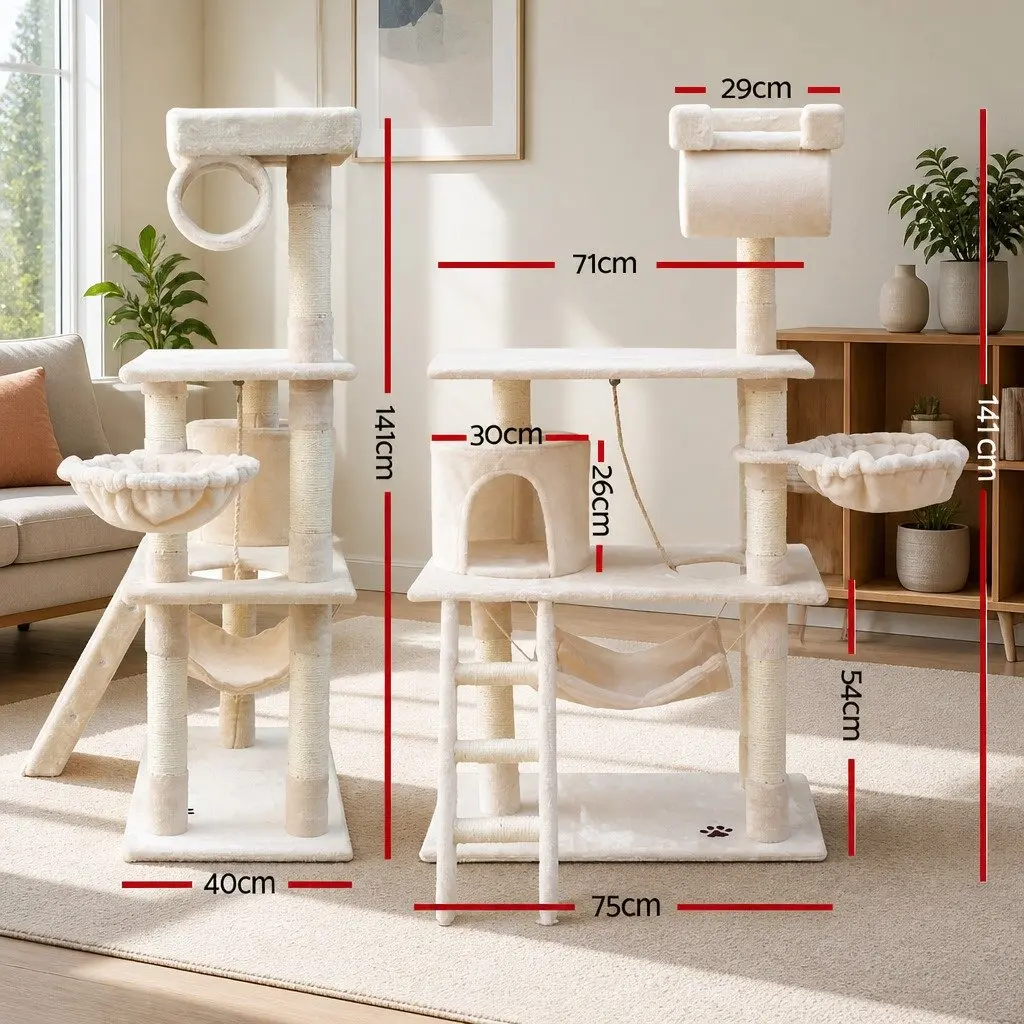 Cat Tree Natural Sisal Plush 141cm Beige Scratching Post Tower Condo