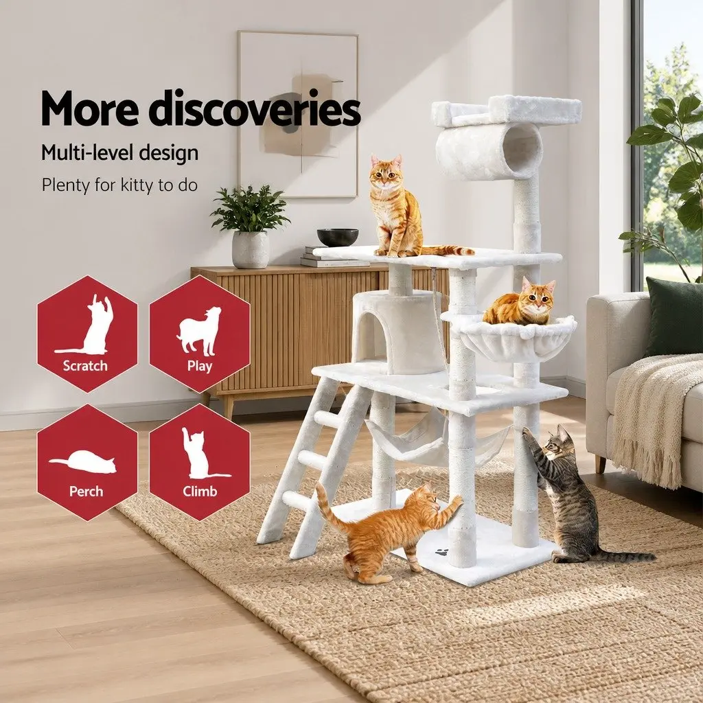 Cat Tree Natural Sisal Plush 141cm Beige Scratching Post Tower Condo