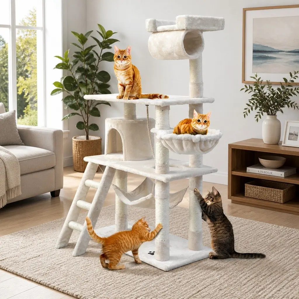 Cat Tree Natural Sisal Plush 141cm Beige Scratching Post Tower Condo