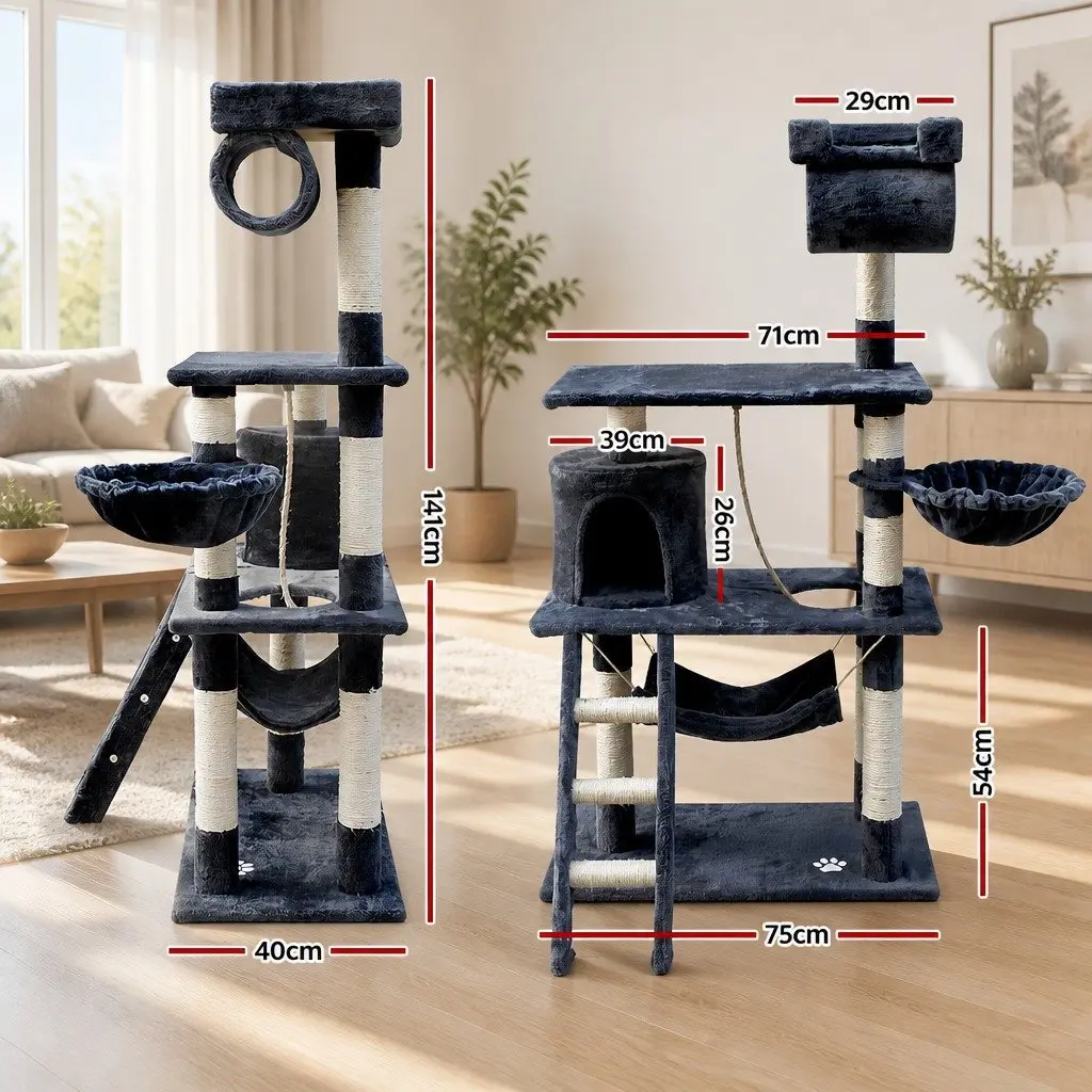Cat Tree Tower Wooden Construction 141cm Plush Cover Grey