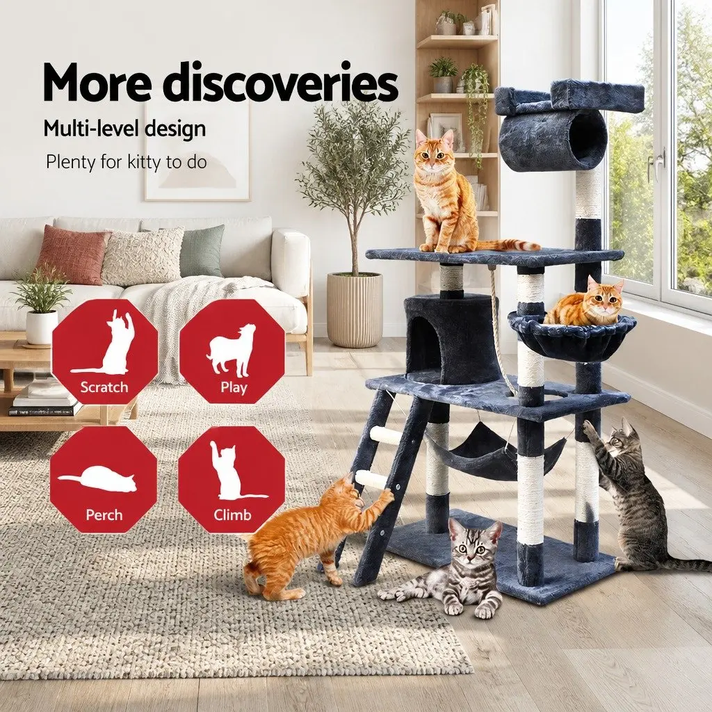 Cat Tree Tower Wooden Construction 141cm Plush Cover Grey