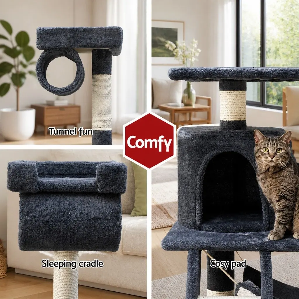 Cat Tree Tower Wooden Construction 141cm Plush Cover Grey