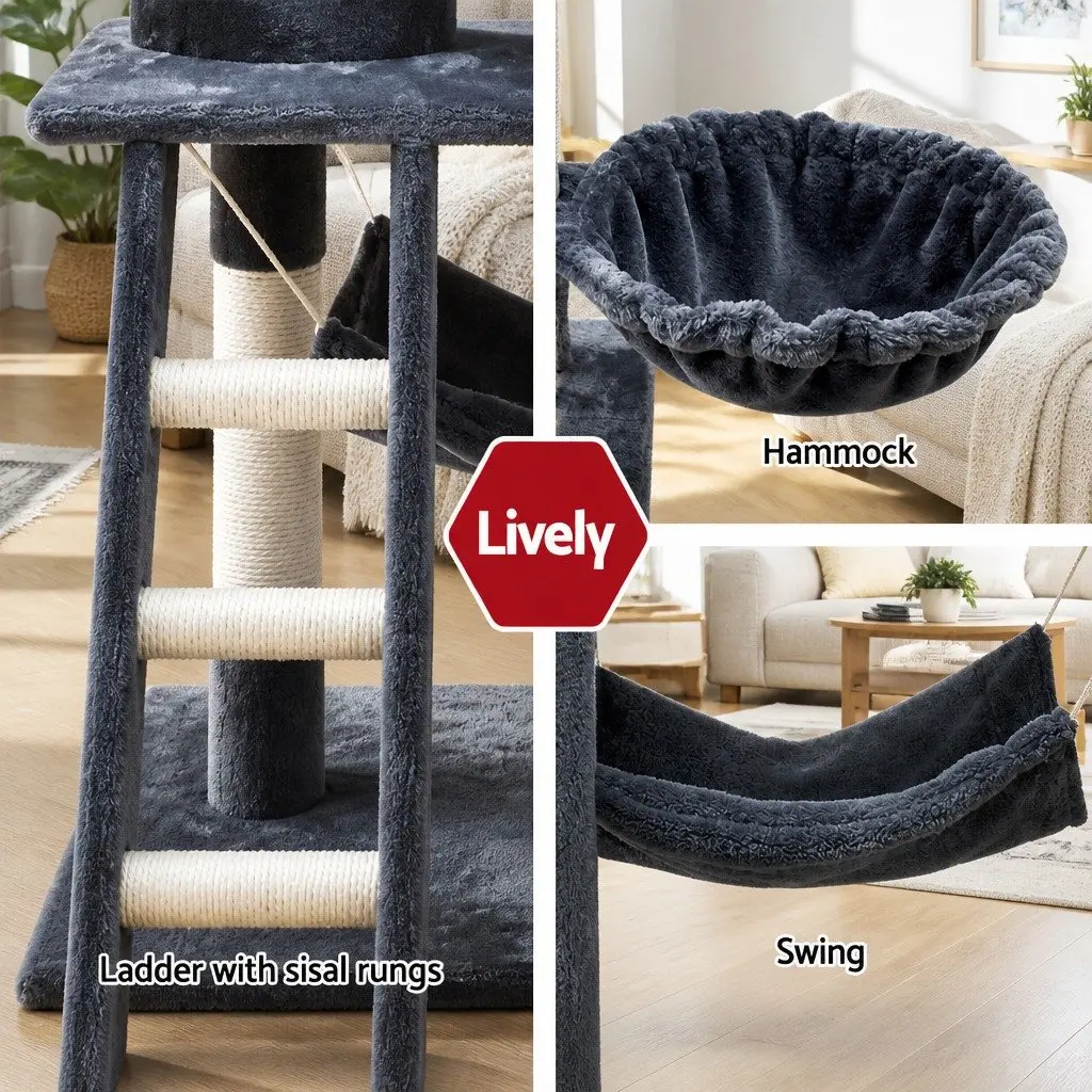 Cat Tree Tower Wooden Construction 141cm Plush Cover Grey