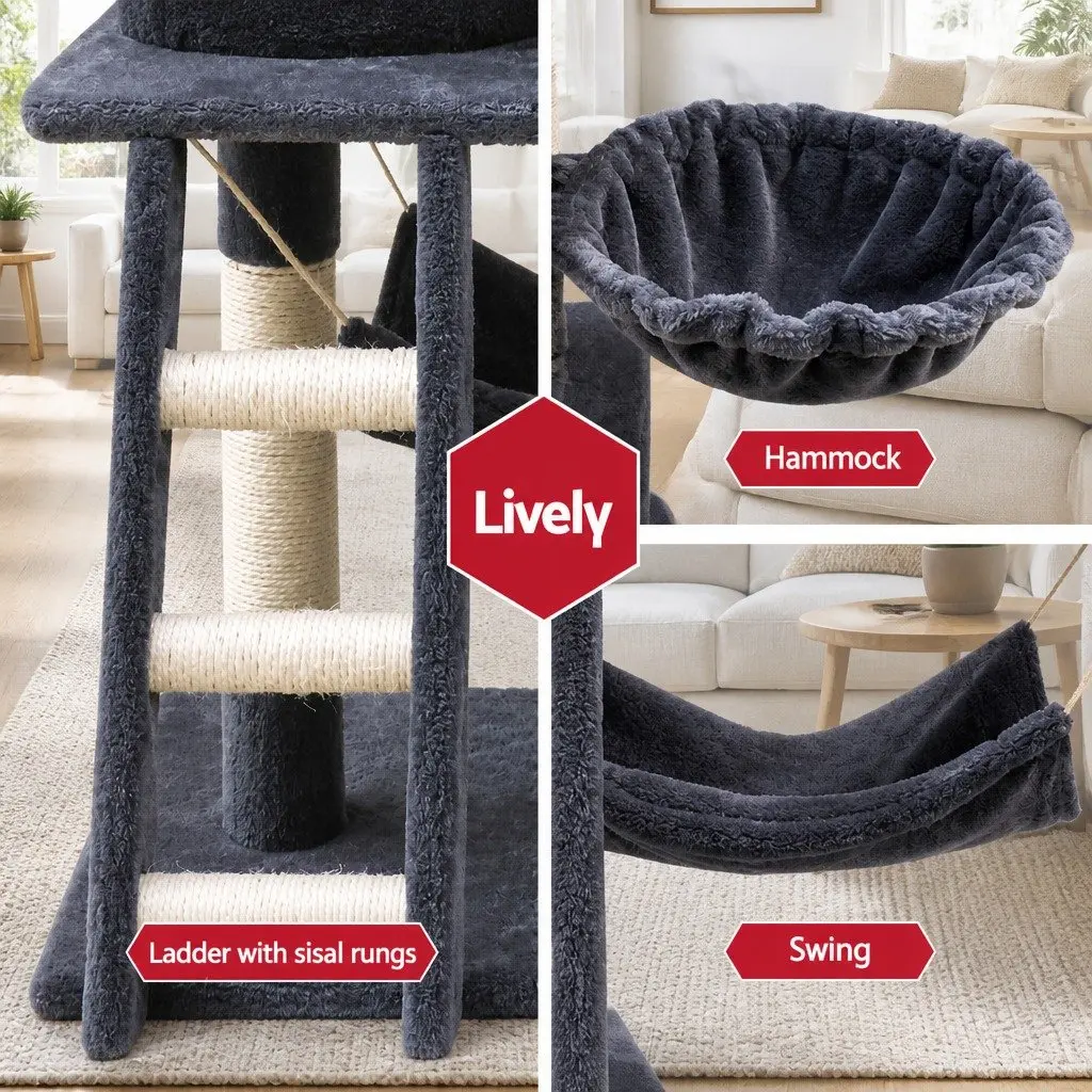 Cat Tree Tower Wooden Construction 141cm Plush Cover Grey