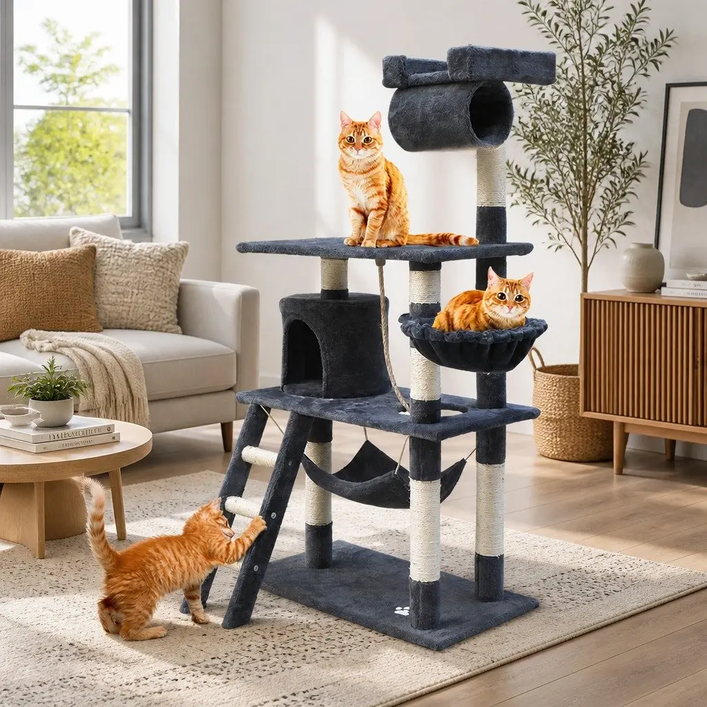 Cat Tree Tower Wooden Construction 141cm Plush Cover Grey