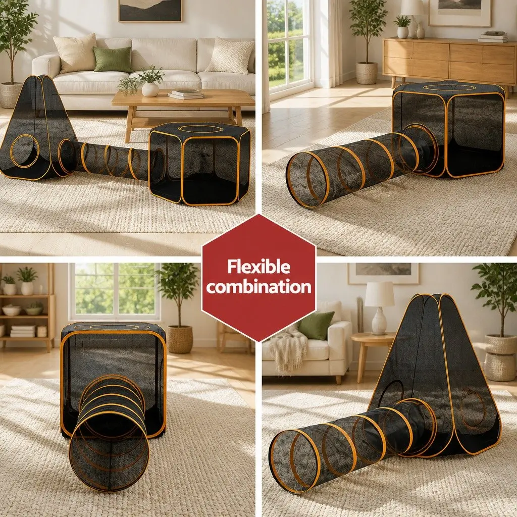 Pet Playpen Nylon Mesh 76cm x 76cm x 122cm Black 6-in-1 Portable Foldable Dog Cat Rabbit Tent Tunnel