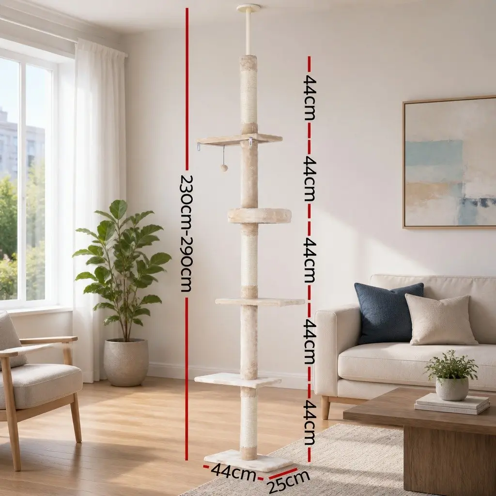 Cat Tree 290cm Floor to Ceiling Tower Scratching Post Bed 5 Platform Levels