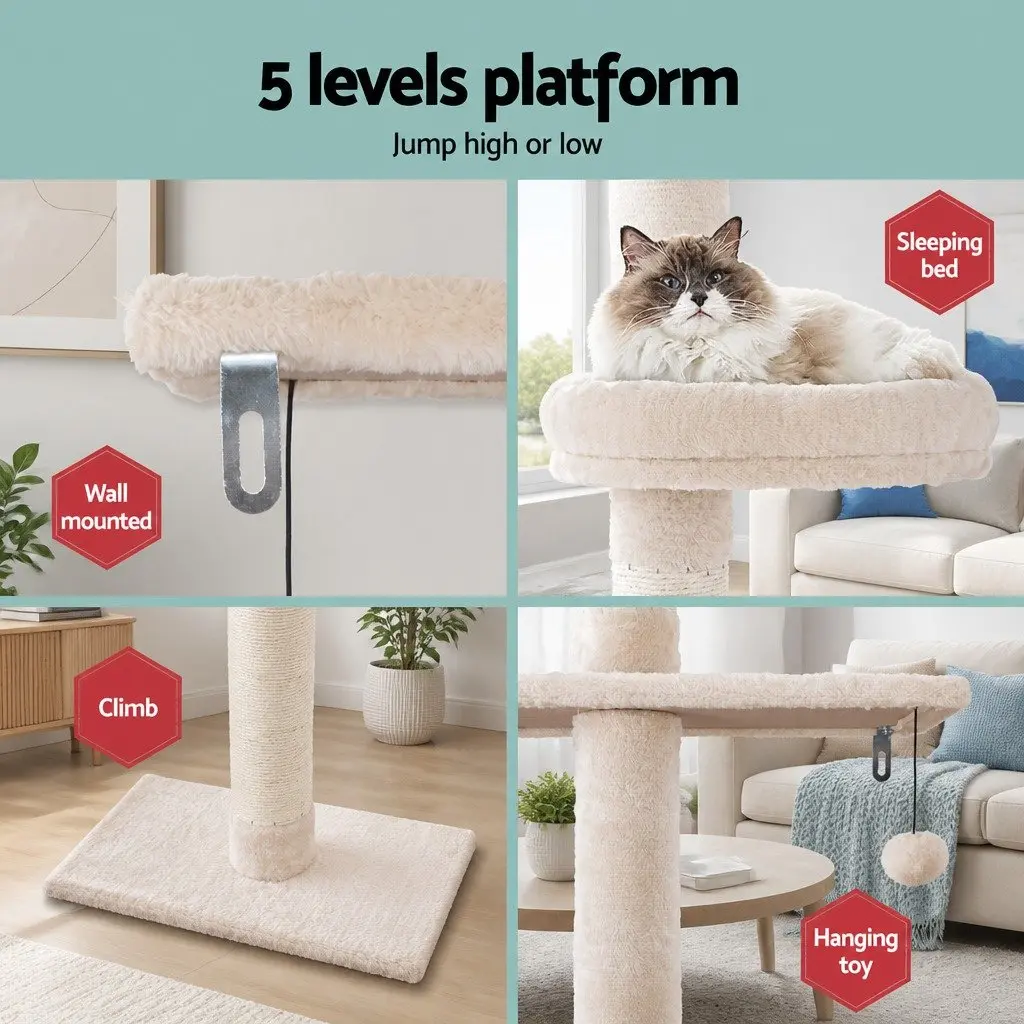 Cat Tree 290cm Floor to Ceiling Tower Scratching Post Bed 5 Platform Levels