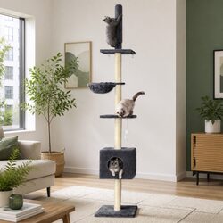 Cat Tree Tower 260cm Floor to Ceiling Scratching Post 4 Platform Levels Dark