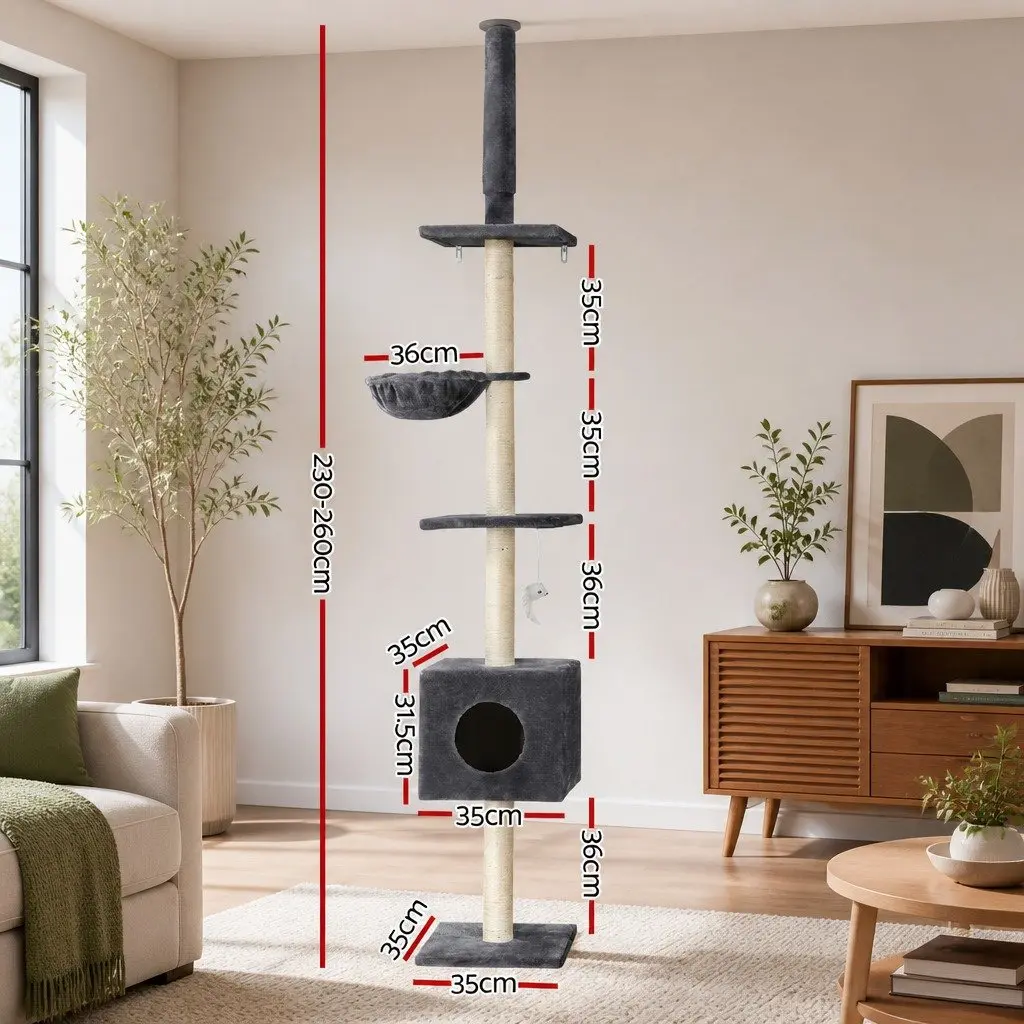 Cat Tree Tower Wooden Floor to Ceiling 260cm Dark Grey 4 Platform Levels