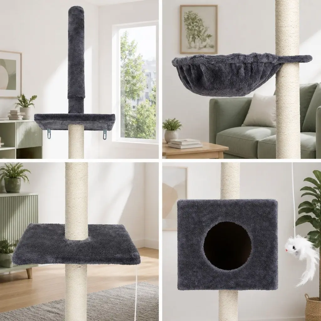 Cat Tree Tower Wooden Floor to Ceiling 260cm Dark Grey 4 Platform Levels