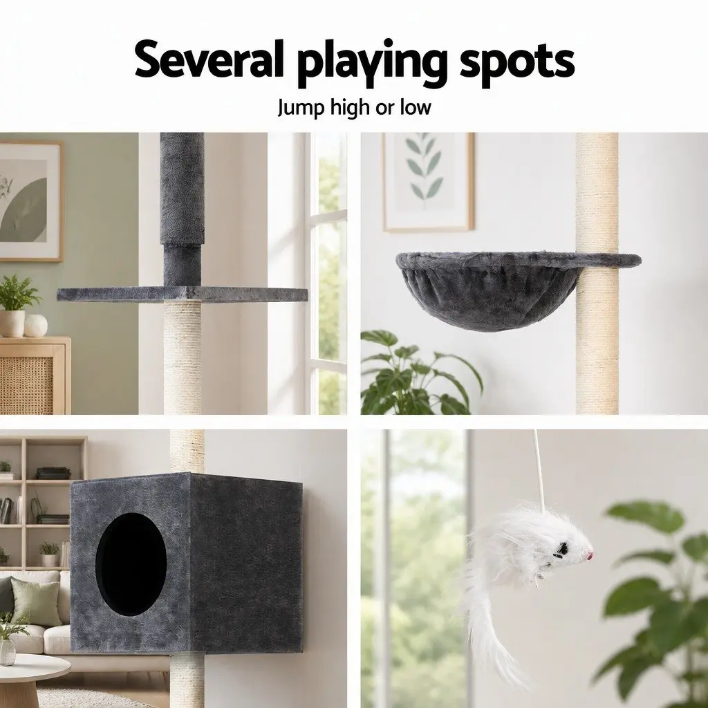 Cat Tree Tower Wooden Floor to Ceiling 260cm Dark Grey 4 Platform Levels