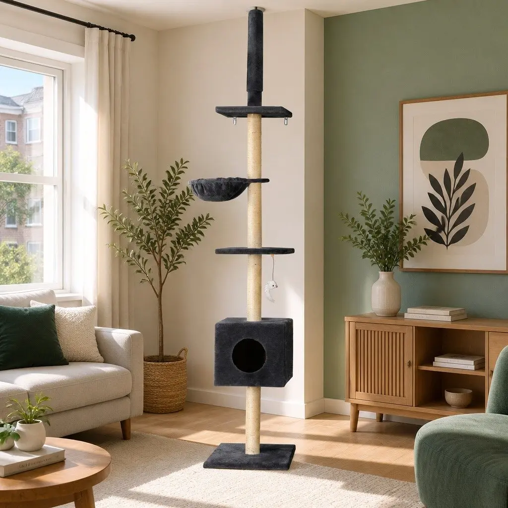 Cat Tree Tower Wooden Floor to Ceiling 260cm Dark Grey 4 Platform Levels