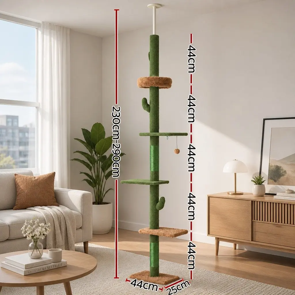 Cat Tree Tower Floor to Ceiling Scratching Post Bed 290cm Adjustable Multi Level