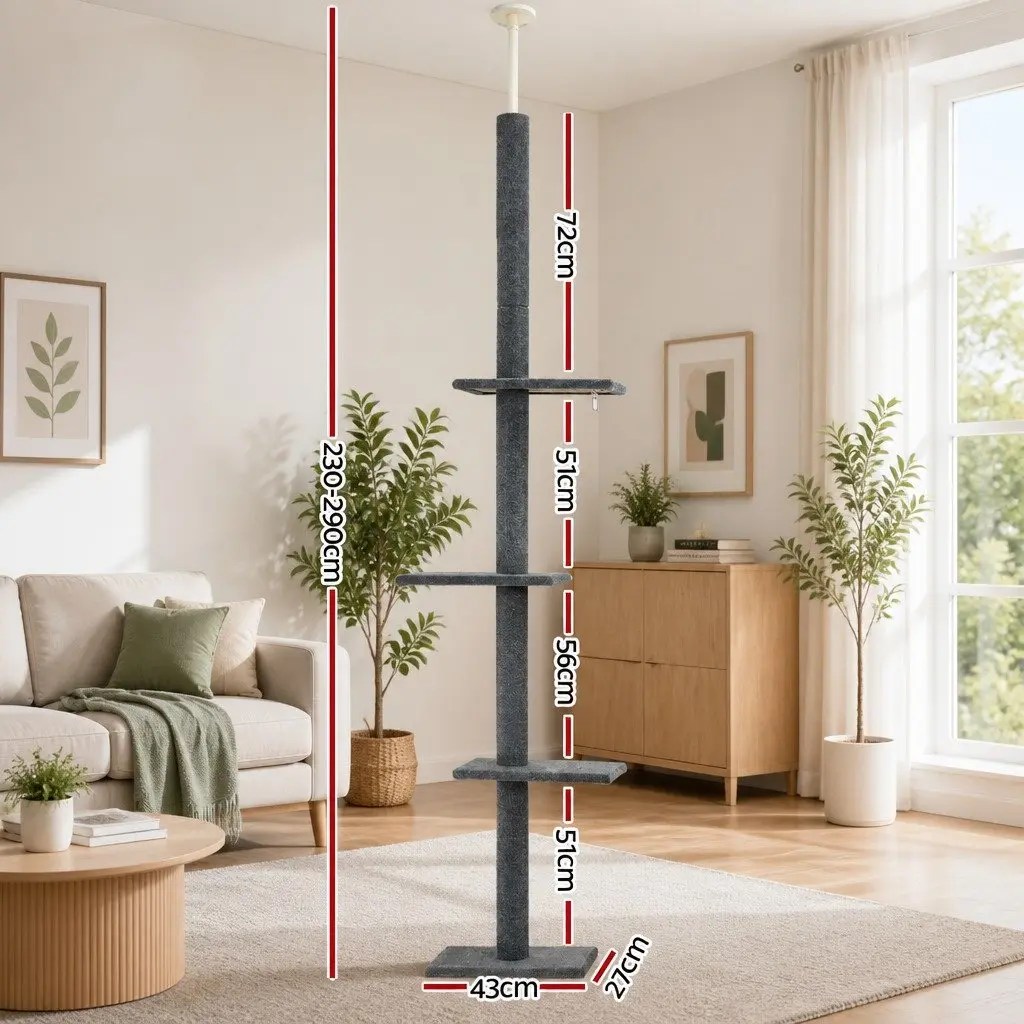 Cat Tree Floor to Ceiling Adjustable Height 290cm Grey