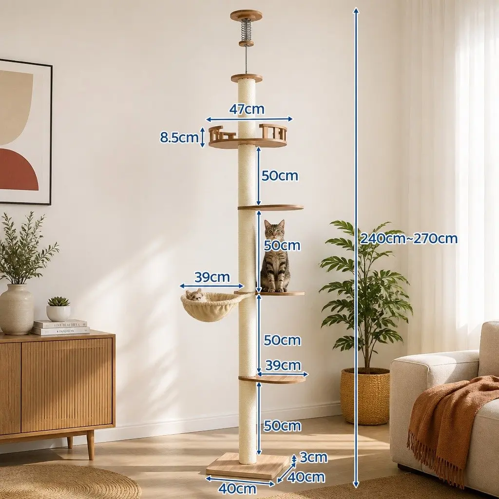 Cat Scratching Post Multi-Level Platform Beige MDF 270cm Floor to Ceiling with Sisal Posts Soft Plush Areas