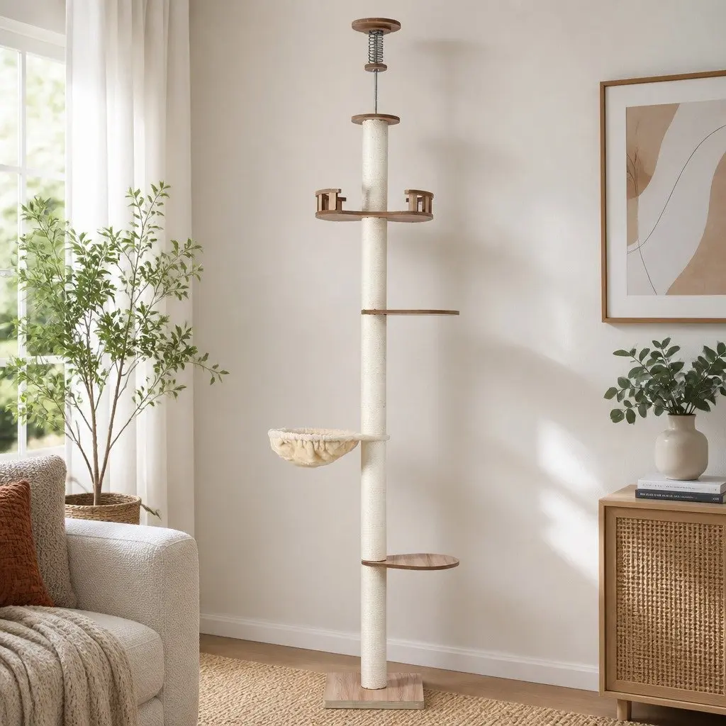 Cat Scratching Post Multi-Level Platform Beige MDF 270cm Floor to Ceiling with Sisal Posts Soft Plush Areas