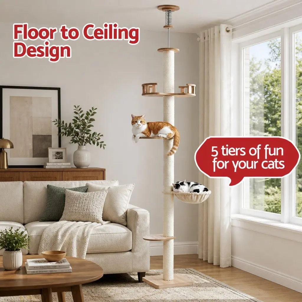 Cat Scratching Post Multi-Level Platform Beige MDF 270cm Floor to Ceiling with Sisal Posts Soft Plush Areas
