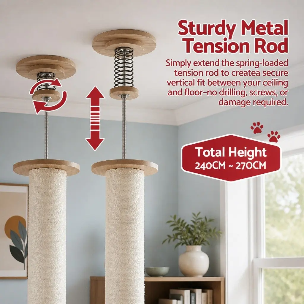 Cat Scratching Post Multi-Level Platform Beige MDF 270cm Floor to Ceiling with Sisal Posts Soft Plush Areas