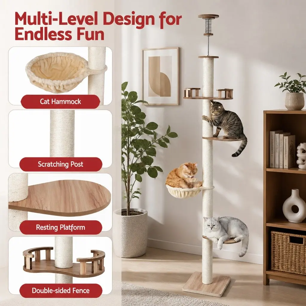 Cat Scratching Post Multi-Level Platform Beige MDF 270cm Floor to Ceiling with Sisal Posts Soft Plush Areas