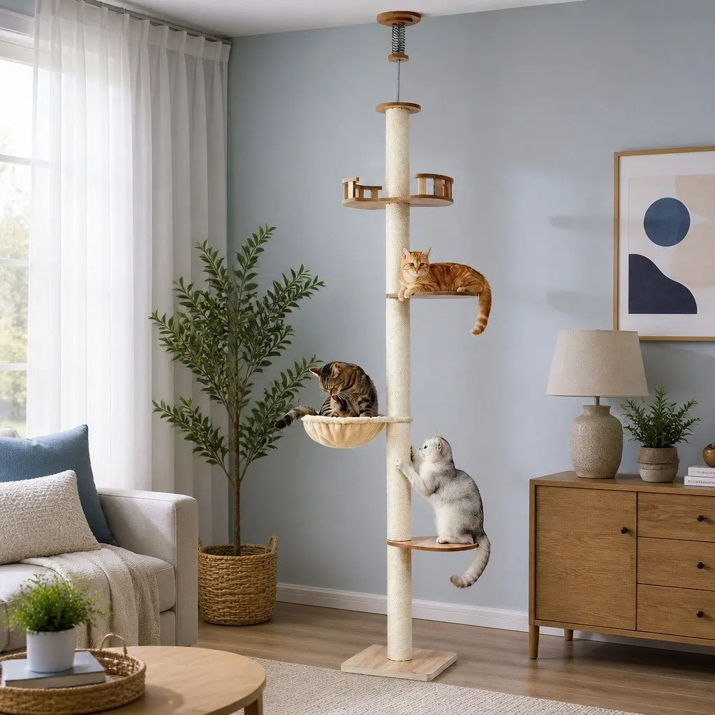 Cat Scratching Post Multi-Level Platform Beige MDF 270cm Floor to Ceiling with Sisal Posts Soft Plush Areas