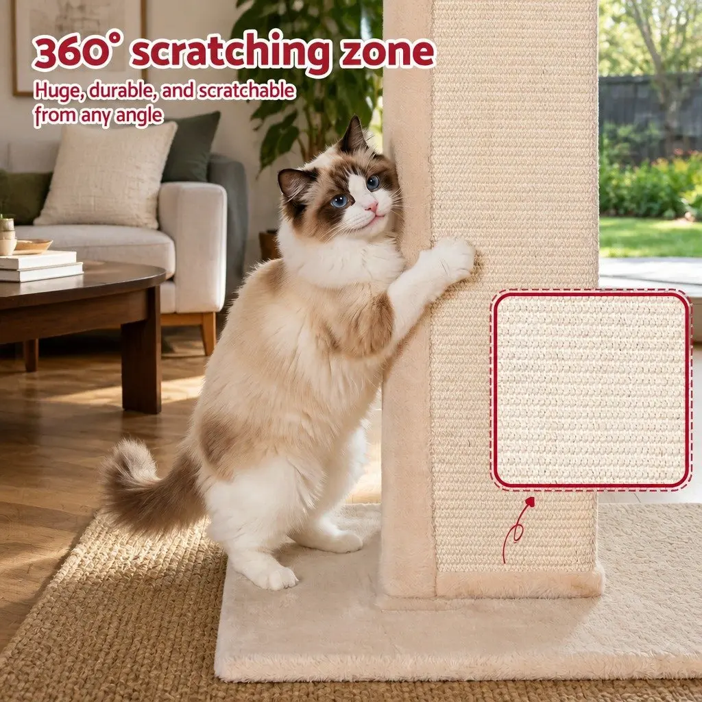 Cat Scratching Post Wooden 89cm Beige Natural Sisal Plush Velvet