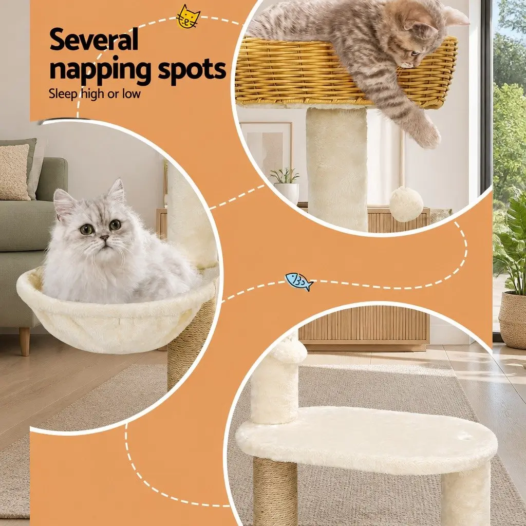 Cat Tree Multi-Level Rattan 138cm Beige and Brown