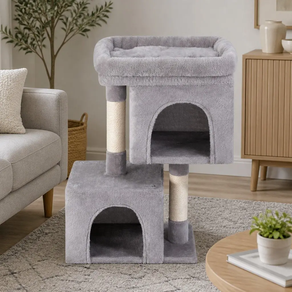 Cat Tree Wooden Multi-Level 67cm Light Grey Scratching Post Condo House