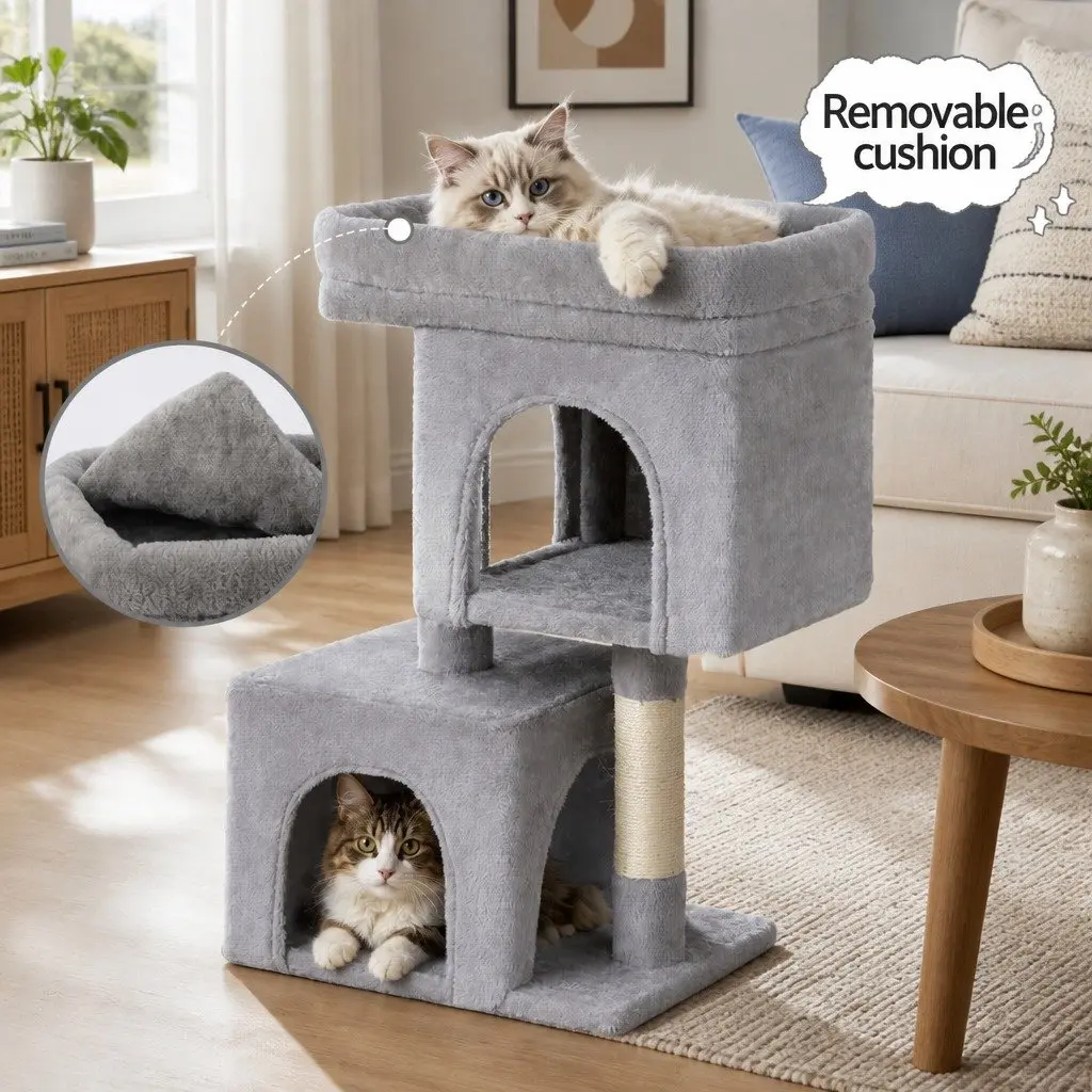 Cat Tree Wooden Multi-Level 67cm Light Grey Scratching Post Condo House