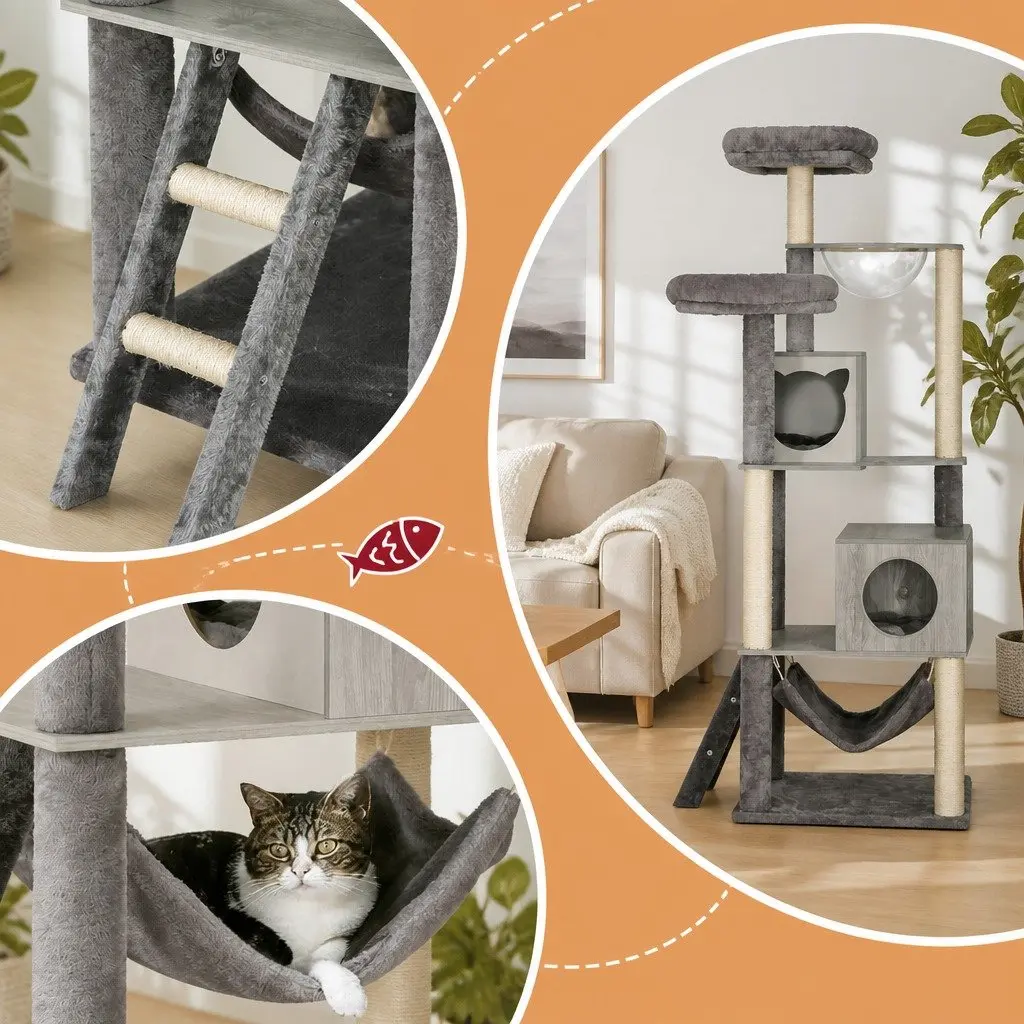 Cat Tree Wooden Multi-Level 178cm Grey