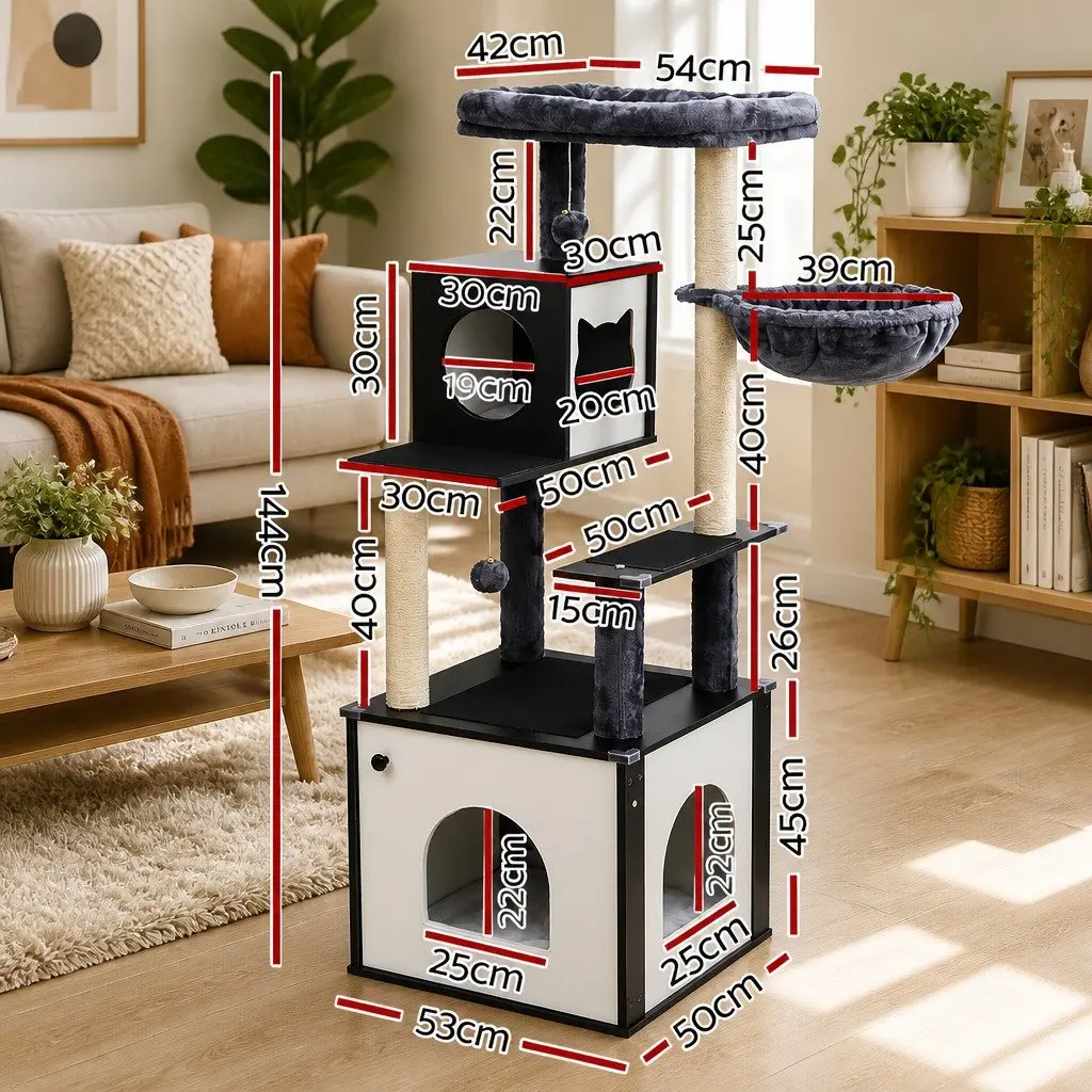 Cat Tree Tower Wooden 144cm Multi-Tier Scratching Post with Bed Cradle and Condo Black White