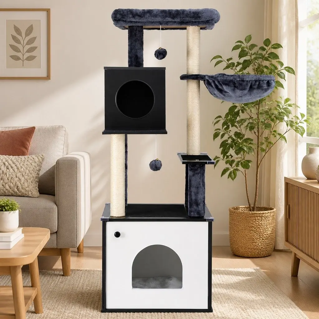 Cat Tree Tower Wooden 144cm Multi-Tier Scratching Post with Bed Cradle and Condo Black White