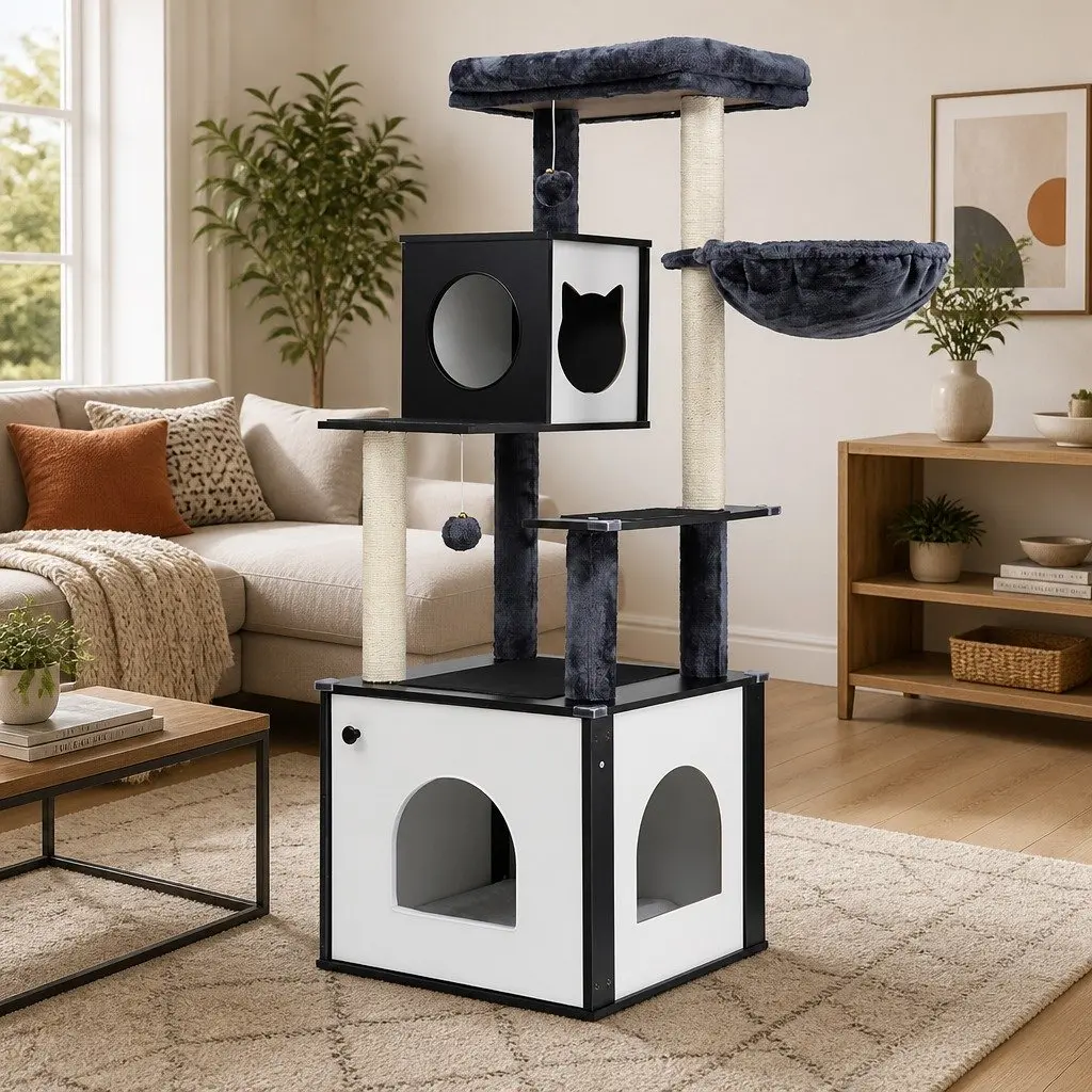Cat Tree Tower Wooden 144cm Multi-Tier Scratching Post with Bed Cradle and Condo Black White