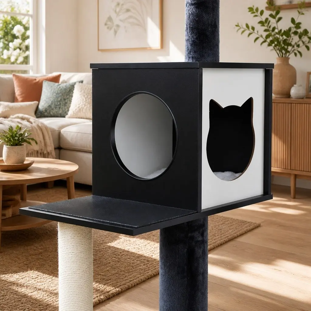 Cat Tree Tower Wooden 144cm Multi-Tier Scratching Post with Bed Cradle and Condo Black White