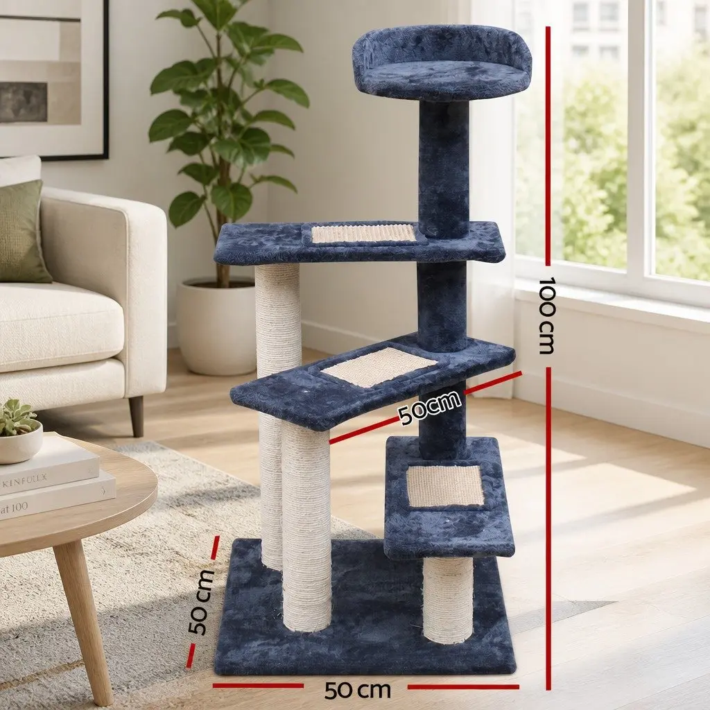 Cat Scratching Post Multi-Level Tower 100cm Dark Grey Plush Velvet Natural Sisal